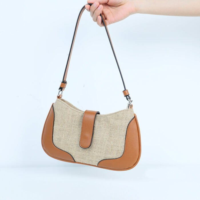 Vintage Jute & PU Leather Patchwork Handbag - 图片 1