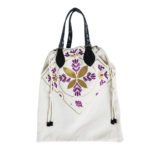 Floral Embroidered Cotton & PU Leather Tote Bag