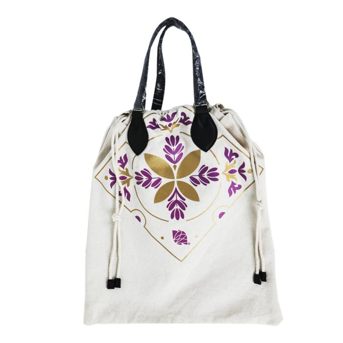 Floral Embroidered Cotton & PU Leather Tote Bag - 图片 1