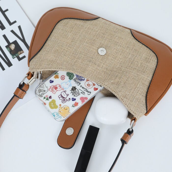 Vintage Jute & PU Leather Patchwork Handbag - 图片 3