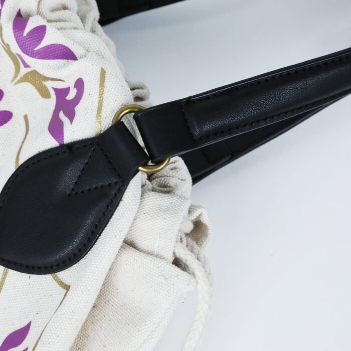 Floral Embroidered Cotton & PU Leather Tote Bag - 图片 2
