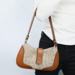 Vintage Jute & PU Leather Patchwork Handbag - 图片 2