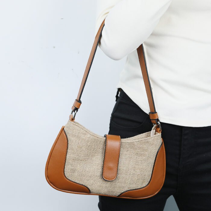 Vintage Jute & PU Leather Patchwork Handbag - 图片 2