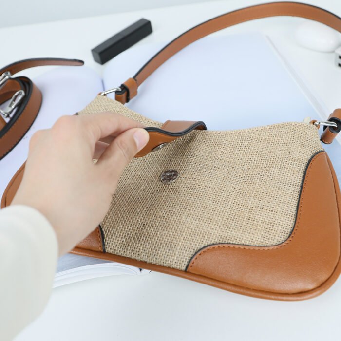 Vintage Jute & PU Leather Patchwork Handbag - 图片 4